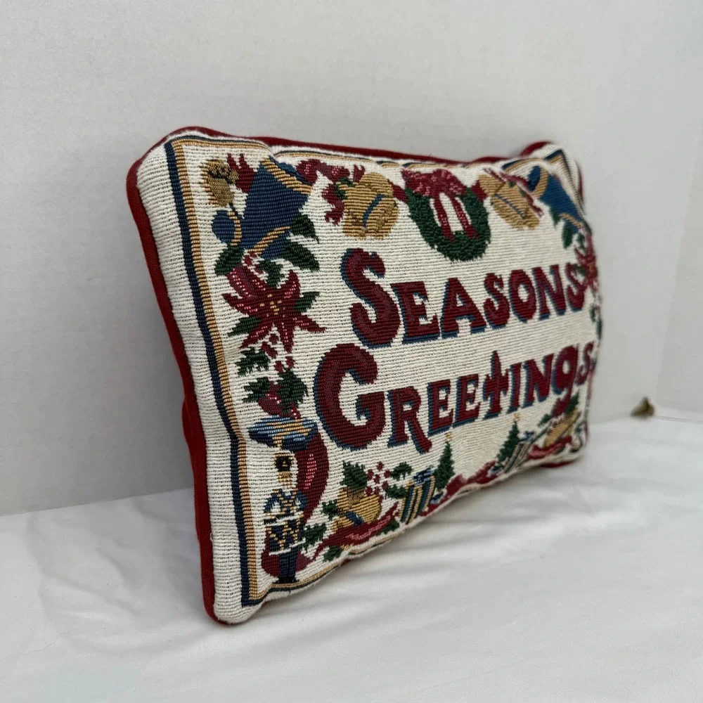 Vintage Seasons Greetings Tapestry Christmas Accent Pillow Woven Holiday Decor